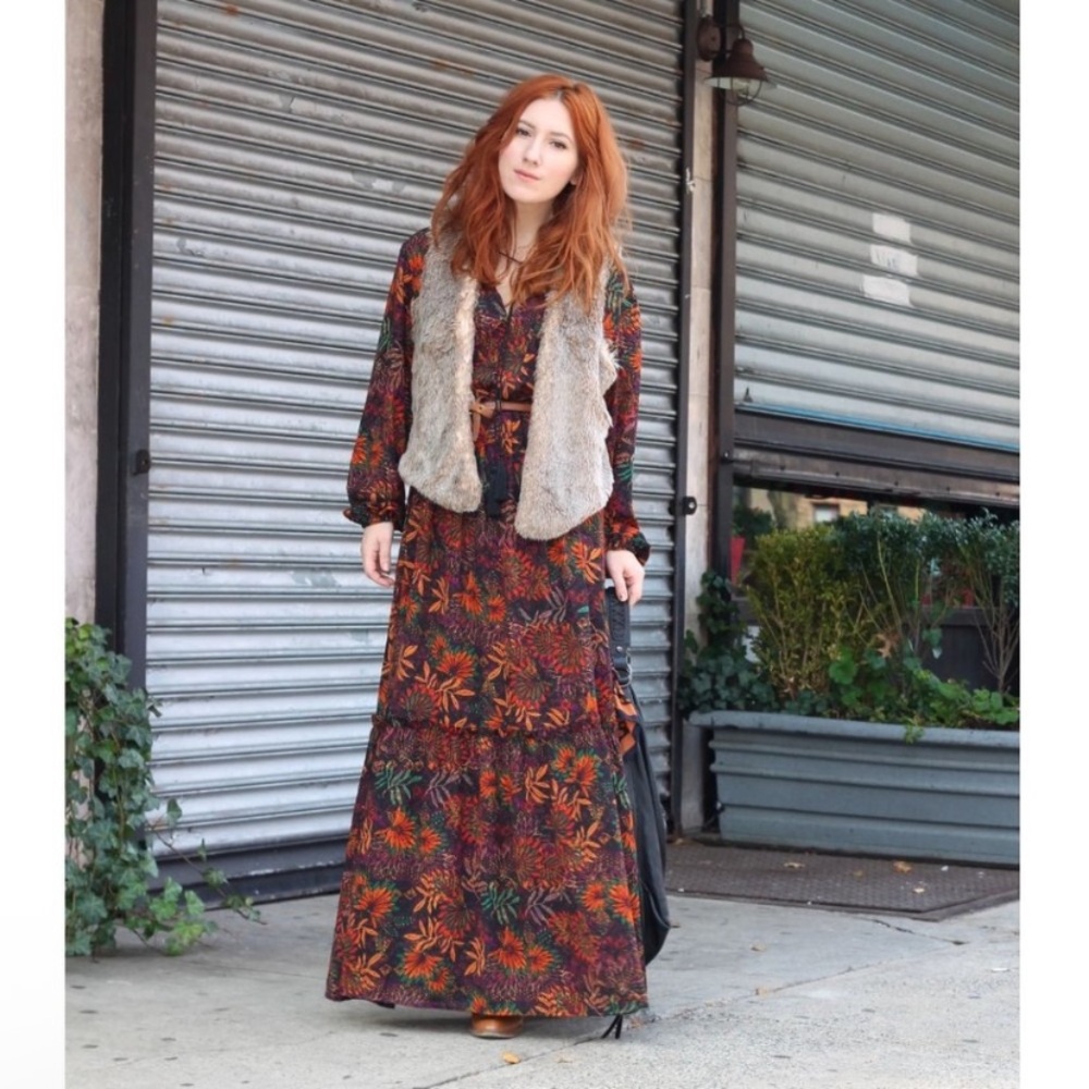 H&M Maxi Boho Floral Fall Leaf Long Sleeve Maxi Dress